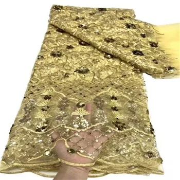 Златни Горещи Продажба на 3D Дантелени платове с пайети Африканска лейси плат с високо качество Нигерия Френски тюл Окото лейси плат за сватбена материал