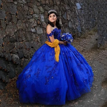 Кралско Синьо Бална Рокля, Буйни Рокли, 3D Апликация на Цвете, Beading, Рокля на Принцеса за рождения Ден, Абитуриентски бал, vestidos de 15 años