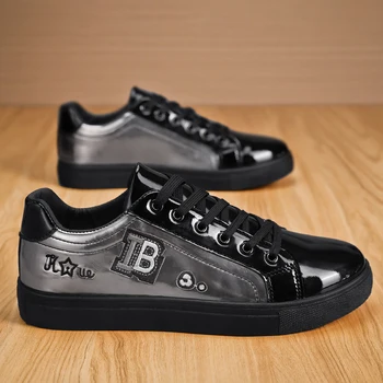 Нова Тенденция Ежедневни Обувки за момчета, Черно-Бели Обувки от Изкуствена Кожа, Мъжки Модни Младежки Ежедневни Обувки дантела, Мъжка Мода Обувки