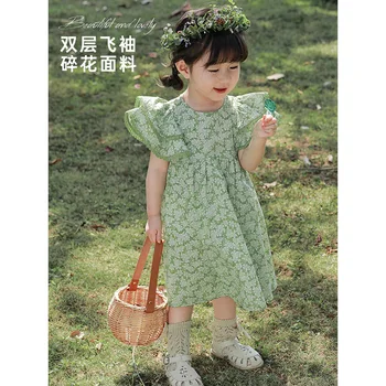 Малка рокля с летящими ръкави в цветенце за момичета, детски лятото ново детско корейското дълга рокля на принцеса