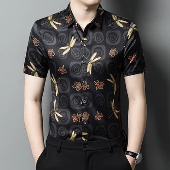 Луксозна коприна мъжка риза с къс ръкав с 3D принтом водни кончета Ежедневни лятна новата модерна качествена гладка удобна тънка риза Homme