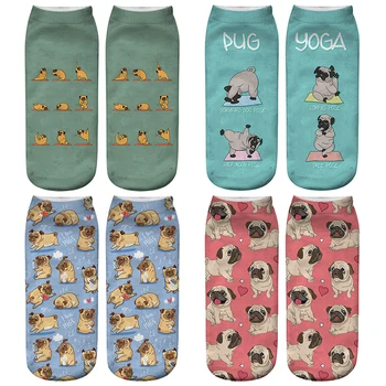 Къси чорапи с принтом кавайного Мопс, памук, забавен принт в стил харадзюку, хип-хоп, Сладък японски модни меки дамски пантофи с животни, Чорапи