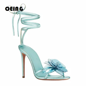 Летни дамски сандали дантела, украсени с 3D цветя, сандали-за ролята на държавата в обувки на висок ток с отворени пръсти, сандали-опаковки на глезените, на модела обувки на висок ток