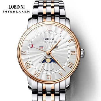 LOBINNI Мъжки луксозни маркови кварцови часовници за Мъже сапфировые Водоустойчив Дата на Фаза на Луната Японски кварцов механизъм мъжки ръчен часовник