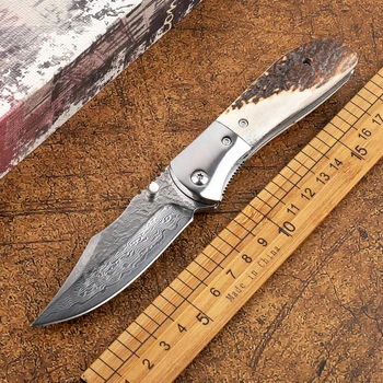 Дамасский сгъваем нож VG10, острието, дръжката е от оленьего рога, тактически, за къмпинг, планинско катерене, оцеляване, плодов EDC инструмент, нож