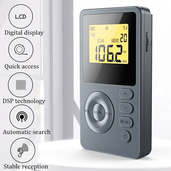 Джобно FM-AM радио, мини-джобен размер DSP-радио с LCD дисплей, вградена батерия, слушалки 3,5 mm, Автоматичен избор на станция ръчно