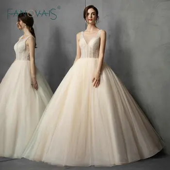 Бална рокля цвят шампанско, сватбена рокля с декорация във формата на кристали, сватбени рокли Vestido de Новия 2019, Robe de mariee