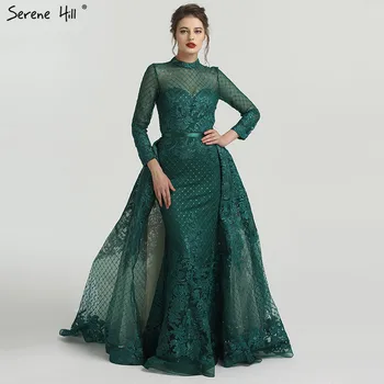 Зелени Вечерни Рокли с дълги ръкави и висока яка 2023, Апликация, пайети, Модни луксозни вечерни рокли в стил Русалка с пайети LA6542