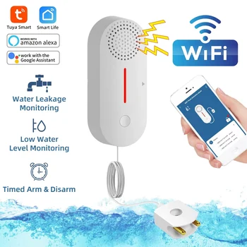 Интелигентен сензор, изтичане на вода Sasha WiFi със светлинна звукова аларма Безжичен детектор за течове при наводнението Дистанционно наблюдение на приложението за дистанционно управление