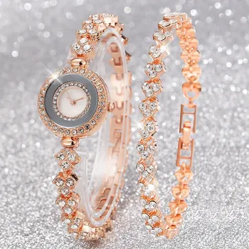 комплект от 2 теми, луксозни модни дамски часовник с каишка от сплав, дамски кварцов часовник с гривната от сплав с кристали