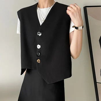 2023, пролетно-летния женски жилетка, яке без ръкави, корейски модерен жилетка с неправилна форма, черен, в ретро стил, копчета, офис дами 8882-2