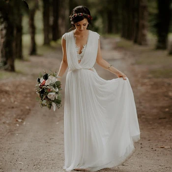 Плиссированное шифоновое сватбена рокля с аппликацией впечатлява със своя бохемски стил Кънтри, направени по поръчка, Трапециевидная илюзия, тюлевые сватбени рокли с дължина до пода с отворен гръб