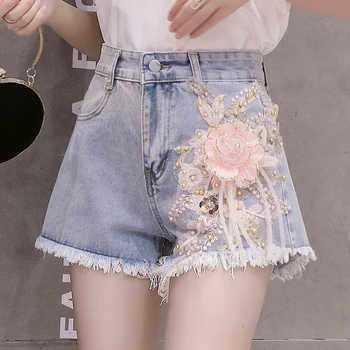 Дънкови шорти дамски Летни 2023, нови корейски бродирани обемни цветя с непреработени ръба, широки панталони женски