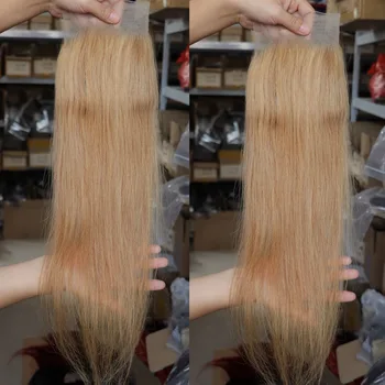 Продажба на едро Естествени човешки косми с дантелен закопчалка 4x4, прозрачни Дантелени копринени директни бразилски косата # 27, руса коса за производство на перуки