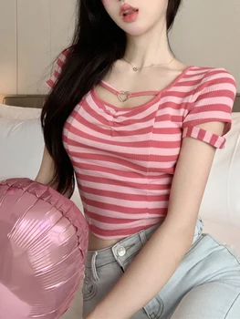 Дамска риза в розово райе с къс ръкав 2023, Летни Сладки Съкратен Върховете Kawaii с кръгло деколте 2000s Y2K, Корейски Модни тениски