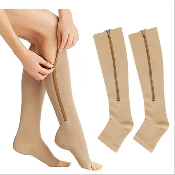 Нови Дамски спортни компресия дълги чорапи с отворени пръсти, големи размери, чорапи до коляното с цип, спортни чорапи с циркулация на налягане