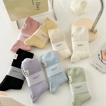 Дамски дълги чорапи, нови висококачествени чорапи за екипажа на ярки цветове, японски модни памучни дишащи свежи цветни чорапи със средна дължина