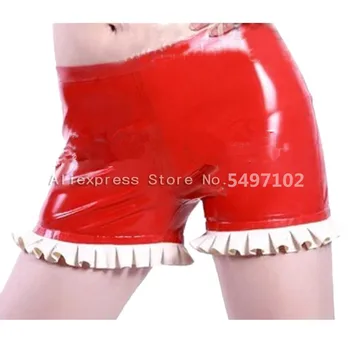 Дамски боксови шорти от червен латекс с волани, дамски къси панталони с бяла дантела