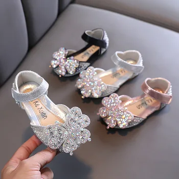 Нови бродирани с пайети обувки на принцесата с пайети, обувки за сватбеното парти за момичета, модни детски обувки за танци, сребристо-розово, черно G527