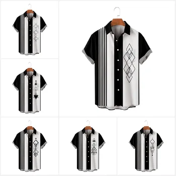 Реколта черна раирана риза в стил мозайка с принтом, лятна мъжки хавайска риза с къс ръкав, ежедневни, плажни ризи с копчета, топ