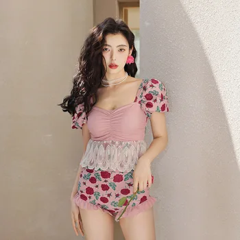 Корейски цели бански 2023, нови дамски бански костюм с консервативна покритие, къс ръкав, бански с цветен модел, топла Пролет