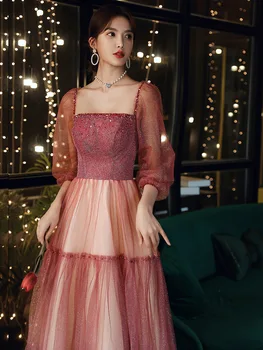Бордовое тюлевое рокля за бала, женски квадратен деколте, ръкав три четвърти, вечерни рокли с пайети, елегантна класическа рокля за коктейл с аппликацией