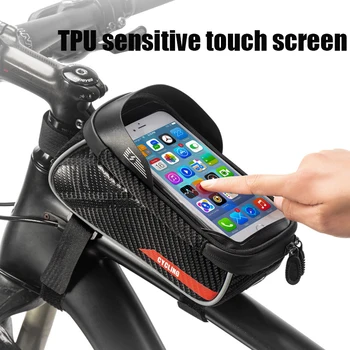 Велосипедна чанта на предната част на предната чанта със сензорен екран за мобилен телефон, предната чанта с горната тръба, чанта за съхранение на планински велосипед, Екипировка за езда, Къмпинг оборудване