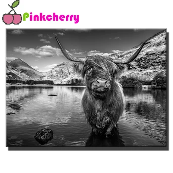 Диамантена Живопис Планински говеда пълна Кръгла, Квадратна бормашина, диамантена бродерия на кръстат бод Изображение на животното мозайка камъни K1