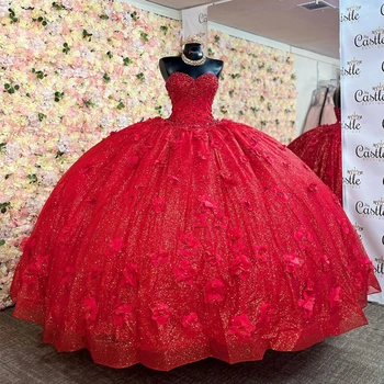 Червена бална рокля с блестящи кристали, расшитое мъниста, пищни рокля корсет с 3D цветя, Vestido De 15 Anos