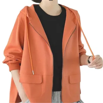Пролетно-есенен дамски hoody с качулка 2023, ново свободно модно палто с качулка, палто с цип, обикновена блузи с дълги ръкави, Връхни дрехи с джобове, дамски
