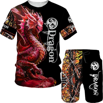 Мъжки тениски и къси панталони, Реколта градинска дрехи с 3D-принтом Дракон, висок Клас Летен комплект от две части