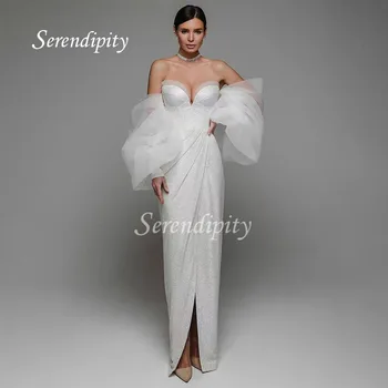 Serendipity в луксозна вечерна рокля от тюл без презрамки, с дълбоко V-образно деколте и ръкав-котлони, сребърна рокля с цепка, луксозно рокля за банкет за възрастни