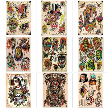 Различни видове татуировки, реколта плакати и щампи, креативна татуировка, художествена картина в стил ретро, стикер на стената от крафт-хартия L9