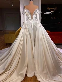 Модерни сватбени рокли на русалка с дълги ръкави и V-образно деколте, перли, пайетки, апликации от мъниста, подвижна панделка, сватбени рокли Vestina De Новия