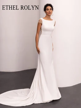 Етел РОЛИН, атласное сватбена рокля на русалка за жени, 2023, сватбената рокля на булката с кръгло деколте, къс ръкав, без табли, перли, Vestidos De Новия