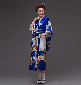 Ново синьо японското женски коприна кимоно юката, винтажное оригинално традиционната рокля с Оби, един размер