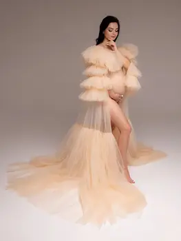 Луксозно рокля за бременни цвят шампанско за фотосесия, една илюзия, буйни тюл с волани, фотография, детски душ, открито секси бална рокля отпред