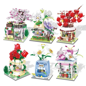 Цветето е Роза, Черешов цвят, Магазин Мини Строителни блокове MOC City Street View Модел декорация на Детска събрана играчка подаръци за момичета