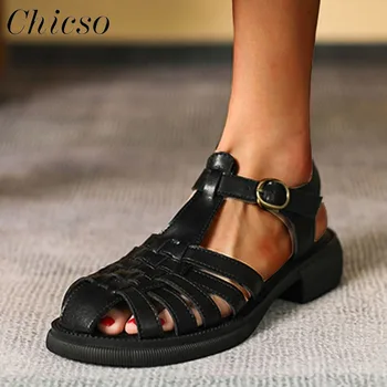 Дамски сандали в римски стил, летни новости 2023, дамски плажни сандали на равна подметка в стил ретро със затворени пръсти, 34-44 размер, дамски ежедневни обувки голям размер