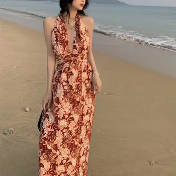 Празнично плажна модно дълга рокля с V-образно деколте и бохемски принтом дантела, лятно ежедневна рокля с отворен гръб, свободна секси дамски дрехи с цветен модел