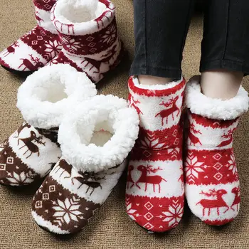 Домашни чехли Aldult, дамски зимни подови обувки, Коледни домашни чорапи от лосове, топли кожени пързалки, дамски плюшени чехли Pantoffels