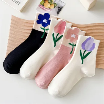 3 Чифта Женски Къси Чорапи, Висококачествени Памучни Дишащи Ежедневни Чорапи В Японски Стил Harajuku Kawaii С Цветен Модел, Модни Дамски Чорапи Със Средна Дължина