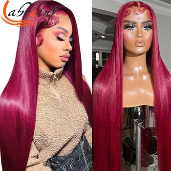 Перуки цвят бордо 99J, HD Прозрачни, 360, изцяло дантелен предни перуки, изработени от човешка коса, права, червени, 13x4, дантелени предни перуки за черни жени