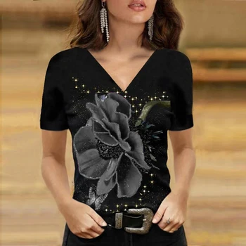 Летни Дамски тениски с абстрактни цветя тематични 2022, върхове с 3D-принтом, с къси ръкави и V-образно деколте, с нов дизайн, по-големи размери