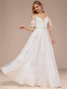 Дантелено Сватбена рокля от Тюл с V-образно деколте, дължина до пода, Расшитое Мъниста И Пайети, Елегантна Жена в Сватбена Рокля, Просто Однотонное Рокля