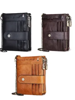 Мъжки двойна чантата от кожа с RFID заключване, кратък джоб за дреболии с анти-кражба на веригата