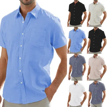Мъжки однотонная в памучна блуза, бельо, Лятна мода, Удобни, Без отложной яка, къс ръкав, Ежедневна блуза, копчета, тениски, потници