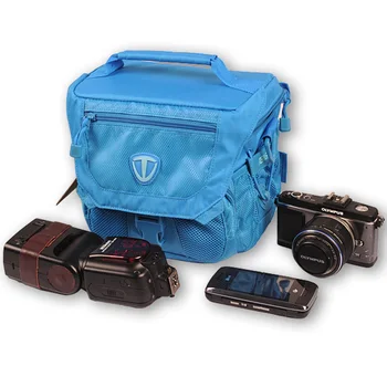 Синя чанта през рамо Tenba Vector с вставной преграда, мек вътрешен калъф от водоустойчив дождевиком за огледално-рефлексен фотоапарат + обектив + светкавица