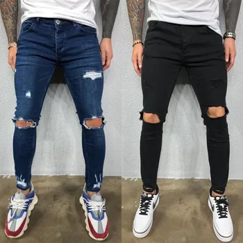 QNPQYX мъжки дънки, черни, сини стръмни стегнати скъсани разтеглив дънкови панталони големи размери за мъже, пролет-лято-есен, хип-хоп