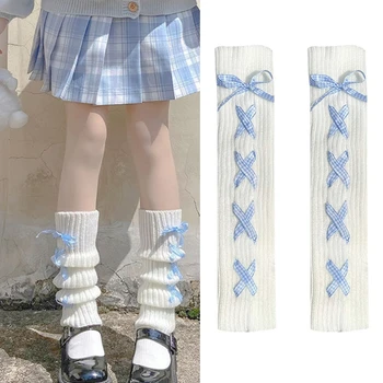 Японски дамски гети от рубчатого трикотаж в стил харадзюку, сладки каре чорапи с лък перекрещивающейся лента, чорапогащи до коляното, калъф за краката